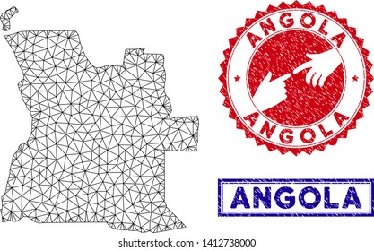 Wire frame polygonal Angola map and grunge seal stamps. Abstract lines and points form Angola map vector model. Round red stamp with connecting hands.