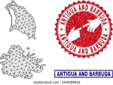 Wire frame polygonal Antigua and Barbuda map and grunge seal stamps. Abstract lines and spheric points form Antigua and Barbuda map vector model. Round red stamp with connecting hands.