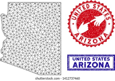 Wire frame polygonal Arizona State map and grunge seal stamps. Abstract lines and circle dots form Arizona State map vector model. Round red stamp with connecting hands.