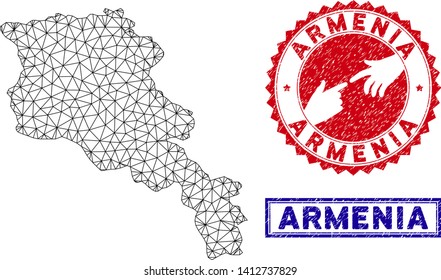 Wire frame polygonal Armenia map and grunge seal stamps. Abstract lines and dots form Armenia map vector model. Round red stamp with connecting hands.