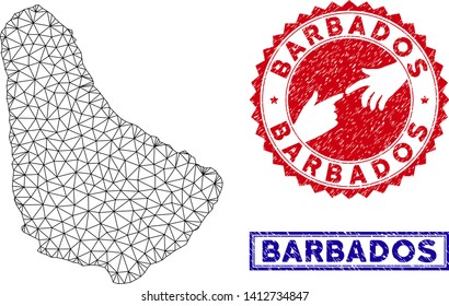 Wire frame polygonal Barbados map and grunge seal stamps. Abstract lines and spheric points form Barbados map vector model. Round red stamp with connecting hands.