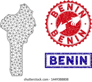 Wire frame polygonal Benin map and grunge seal stamps. Abstract lines and dots form Benin map vector model. Round red stamp with connecting hands.