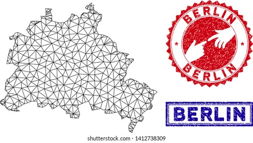 Wire frame polygonal Berlin City map and grunge seal stamps. Abstract lines and spheric points form Berlin City map vector model. Round red stamp with connecting hands.
