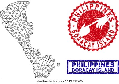 Wire frame polygonal Boracay Island map and grunge seal stamps. Abstract lines and dots form Boracay Island map vector model. Round red stamp with connecting hands.