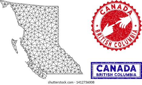 Wire frame polygonal British Columbia Province map and grunge seal stamps. Abstract lines and dots form British Columbia Province map vector model. Round red stamp with connecting hands.