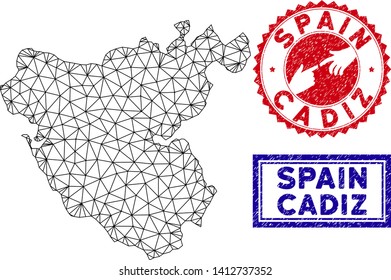 Wire frame polygonal Cadiz Province map and grunge seal stamps. Abstract lines and circle dots form Cadiz Province map vector model. Round red stamp with connecting hands.