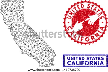 Wire frame polygonal California map and grunge seal stamps. Abstract lines and circle dots form California map vector model. Round red stamp with connecting hands.