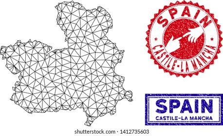 Wire frame polygonal Castile-La Mancha Province map and grunge seal stamps. Abstract lines and dots form Castile-La Mancha Province map vector model. Round red stamp with connecting hands.