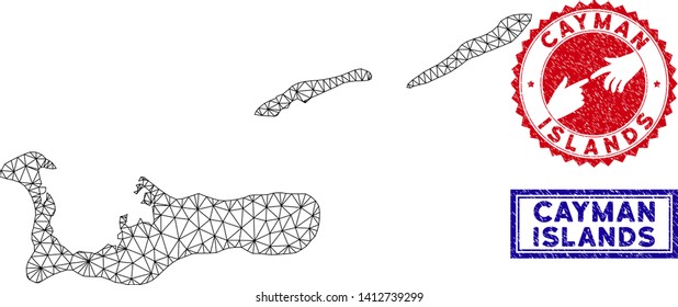 Wire frame polygonal Cayman Islands map and grunge seal stamps. Abstract lines and small circles form Cayman Islands map vector model. Round red stamp with connecting hands.