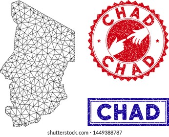 Wire frame polygonal Chad map and grunge seal stamps. Abstract lines and small circles form Chad map vector model. Round red stamp with connecting hands.