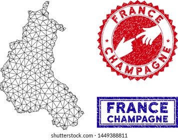 Wire frame polygonal Champagne Province map and grunge seal stamps. Abstract lines and points form Champagne Province map vector model. Round red stamp with connecting hands.