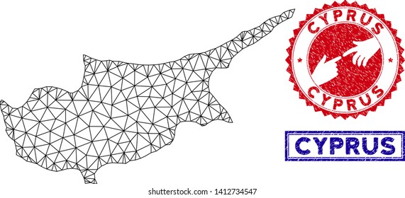 Wire frame polygonal Cyprus Island map and grunge seal stamps. Abstract lines and points form Cyprus Island map vector model. Round red stamp with connecting hands.