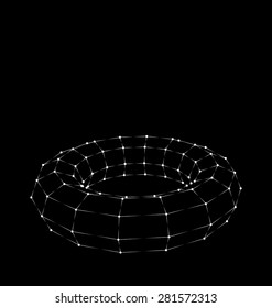 Wire frame polygonal element 3D Torus with Bright Light Dots on Black Background. vector