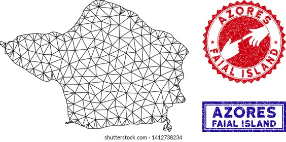 Wire frame polygonal Faial Island map and grunge seal stamps. Abstract lines and points form Faial Island map vector model. Round red stamp with connecting hands.