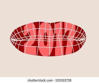 Wire frame polygonal female lips. Simple illustration for printing on T-shirt. Vector illustration of a woman lips symbol. Human lips design. 2017 numbers print on lips