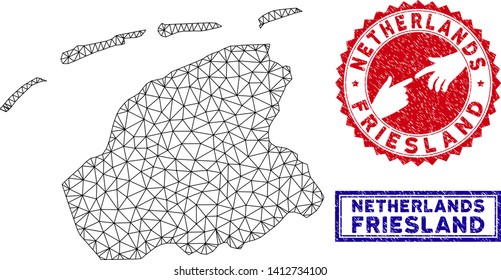 Wire frame polygonal Friesland Province map and grunge seal stamps. Abstract lines and points form Friesland Province map vector model. Round red stamp with connecting hands.