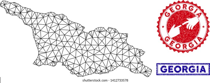 Wire frame polygonal Georgia map and grunge seal stamps. Abstract lines and spheric points form Georgia map vector model. Round red stamp with connecting hands.