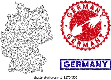 Wire frame polygonal Germany map and grunge seal stamps. Abstract lines and spheric points form Germany map vector model. Round red stamp with connecting hands.