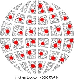 Polygonaler Drahtseilkugel unter dem Ausbruch. Das Vektormodell wird aus dem Globus mit roten Covidknoten erstellt. Linien und Viren werden zu einer Welt zusammengefasst. Drahtseile, flach polygonale Maschen im Vektorformat EPS.