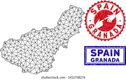 Wire frame polygonal Granada Province map and grunge seal stamps. Abstract lines and points form Granada Province map vector model. Round red stamp with connecting hands.