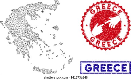 Wire frame polygonal Greece map and grunge seal stamps. Abstract lines and points form Greece map vector model. Round red stamp with connecting hands.