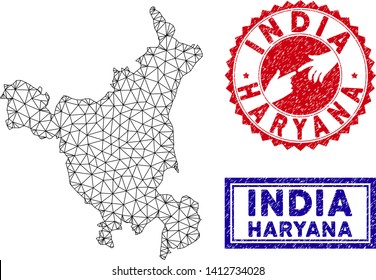 Wire frame polygonal Haryana State map and grunge seal stamps. Abstract lines and spheric points form Haryana State map vector model. Round red stamp with connecting hands.