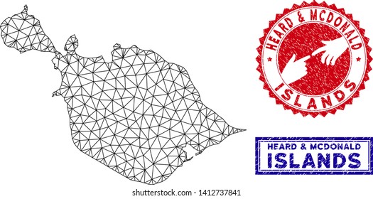 Wire frame polygonal Heard and McDonald Islands map and grunge seal stamps. Abstract lines and points form Heard and McDonald Islands map vector model. Round red stamp with connecting hands.