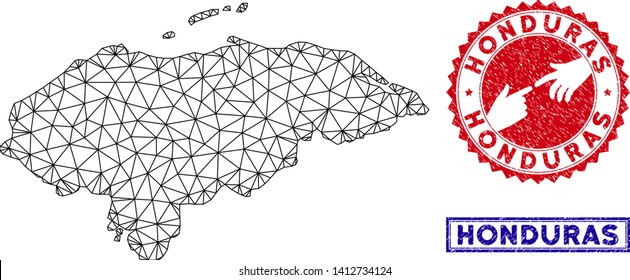 Wire frame polygonal Honduras map and grunge seal stamps. Abstract lines and circle dots form Honduras map vector model. Round red stamp with connecting hands.