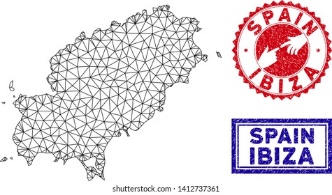 Wire frame polygonal Ibiza Island map and grunge seal stamps. Abstract lines and points form Ibiza Island map vector model. Round red stamp with connecting hands.