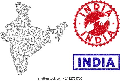 Wire frame polygonal India map and grunge seal stamps. Abstract lines and dots form India map vector model. Round red stamp with connecting hands.