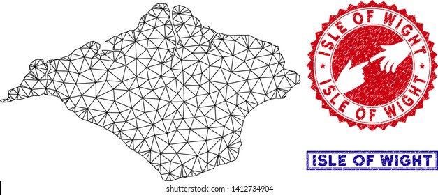 Wire frame polygonal Isle of Wight map and grunge seal stamps. Abstract lines and points form Isle of Wight map vector model. Round red stamp with connecting hands.