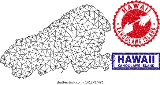 Wire frame polygonal Kahoolawe Island map and grunge seal stamps. Abstract lines and small circles form Kahoolawe Island map vector model. Round red stamp with connecting hands.
