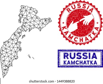 Wire frame polygonal Kamchatka map and grunge seal stamps. Abstract lines and circle dots form Kamchatka map vector model. Round red stamp with connecting hands.