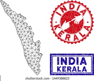 Wire frame polygonal Kerala State map and grunge seal stamps. Abstract lines and dots form Kerala State map vector model. Round red stamp with connecting hands.