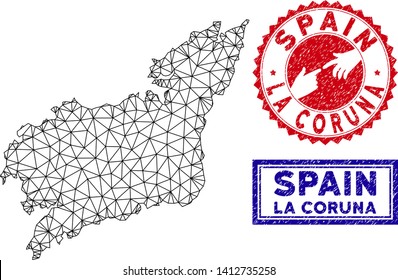 Wire frame polygonal La Coruna Province map and grunge seal stamps. Abstract lines and dots form La Coruna Province map vector model. Round red stamp with connecting hands.