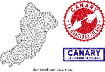 Wire frame polygonal La Graciosa Island map and grunge seal stamps. Abstract lines and spheric points form La Graciosa Island map vector model. Round red stamp with connecting hands.