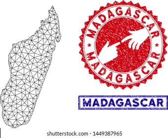 Wire frame polygonal Madagascar Island map and grunge seal stamps. Abstract lines and dots form Madagascar Island map vector model. Round red stamp with connecting hands.