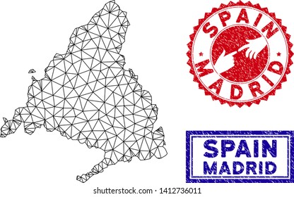 Wire frame polygonal Madrid Province map and grunge seal stamps. Abstract lines and circle dots form Madrid Province map vector model. Round red stamp with connecting hands.