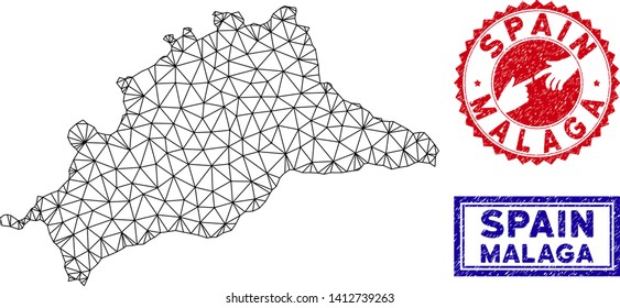 Wire frame polygonal Malaga Province map and grunge seal stamps. Abstract lines and points form Malaga Province map vector model. Round red stamp with connecting hands.