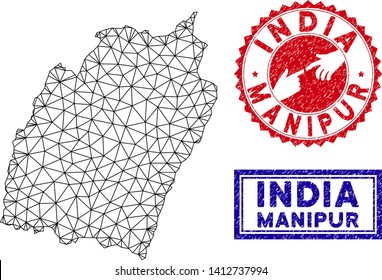 Wire frame polygonal Manipur State map and grunge seal stamps. Abstract lines and dots form Manipur State map vector model. Round red stamp with connecting hands.