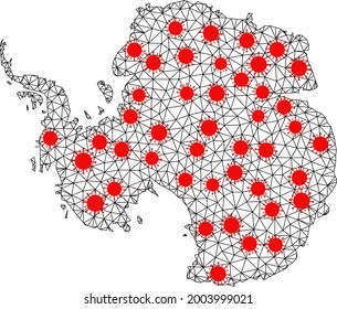 Wire frame polygonal map of Antarctica under outbreak. Vector structure is created from map of Antarctica with red infection elements. Lines and viruses form map of Antarctica.