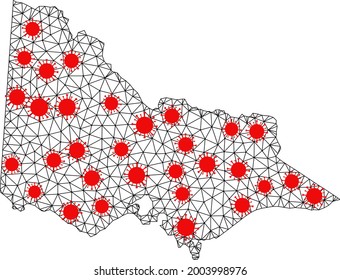 Wire frame polygonal map of Australian Victoria under infection. Vector model is created from map of Australian Victoria with red covid elements. Lines and viruses form map of Australian Victoria.