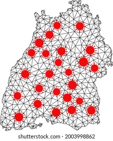 Wire frame polygonal map of Baden-Wurttemberg State under outbreak. Vector model is created from map of Baden-Wurttemberg State with red coronavirus items.