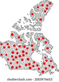Wire frame polygonal map of Canada under outbreak. Vector model is created from map of Canada with red covid elements. Lines and viruses are combined into map of Canada.