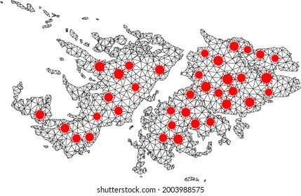 Mapa poligonal de armazón de alambre de las Islas Malvinas bajo bloqueo. El modelo vectorial se crea a partir del mapa de las Islas Falkland con centros de cobertura rojos. Las líneas y los virus se combinan en el mapa de las Islas Falkland.