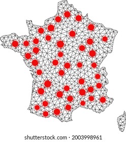 Wire frame polygonal map of France under outbreak. Vector structure is created from map of France with red virus nodes. Lines and viruses are combined into map of France.