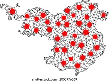 Wire frame polygonal map of Gerona Province under outbreak. Vector model is created from map of Gerona Province with red virus items. Lines and viruses are combined into map of Gerona Province.