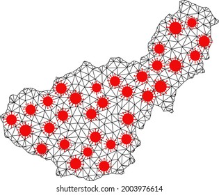 Wire frame polygonal map of Granada Province under lockdown. Vector structure is created from map of Granada Province with red virus centers. Lines and viruses form map of Granada Province.