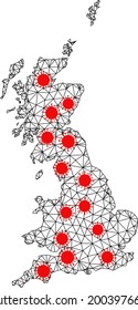 Wire frame polygonal map of Great Britain under infection. Vector structure is created from map of Great Britain with red coronavirus elements.
