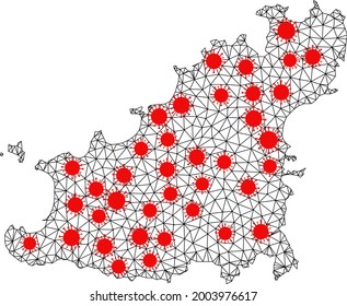 Wire frame polygonal map of Guernsey Island under outbreak. Vector structure is created from map of Guernsey Island with red coronavirus centers. Lines and viruses form map of Guernsey Island.